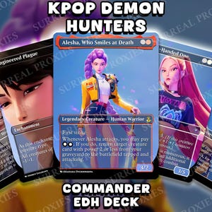 May include: A collection of custom Magic: The Gathering cards featuring anime-style art. The central card showcases a character named Alesha, a Legendary Creature Human Warrior, in a yellow jacket. The text "KPOP DEMON HUNTERS" and "COMMANDER EDH DECK" are visible.