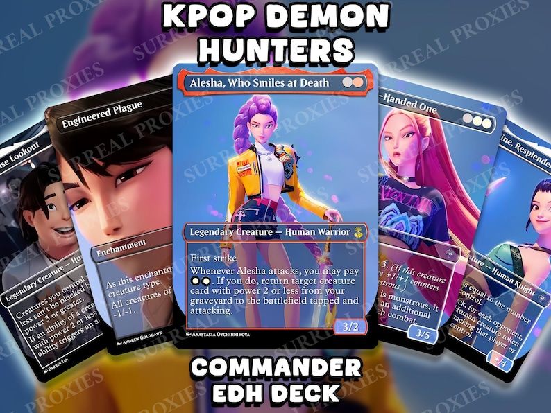 May include: A collection of custom Magic: The Gathering cards featuring anime-style art. The central card showcases a character named Alesha, a Legendary Creature Human Warrior, in a yellow jacket. The text "KPOP DEMON HUNTERS" and "COMMANDER EDH DECK" are visible.