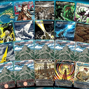 May include: A collection of seventeen rectangular trading cards arranged in a grid, featuring diverse illustrations including a pilot, military ships, mountains, a maze, and abstract patterns. Each card displays unique artwork, text, and symbols.
