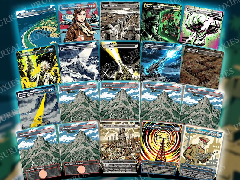 May include: A collection of seventeen rectangular trading cards arranged in a grid, featuring diverse illustrations including a pilot, military ships, mountains, a maze, and abstract patterns. Each card displays unique artwork, text, and symbols.