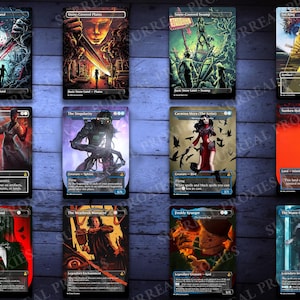 K&ouml;nnte beinhalten: Eine Sammlung von Fantasy-Art-Karten mit verschiedenen Illustrationen. Die Karten zeigen dunkle, gotische Themen mit Bildern von Kreaturen, Landschaften und Figuren. Jede Karte hat einzigartige Kunstwerke und Text.