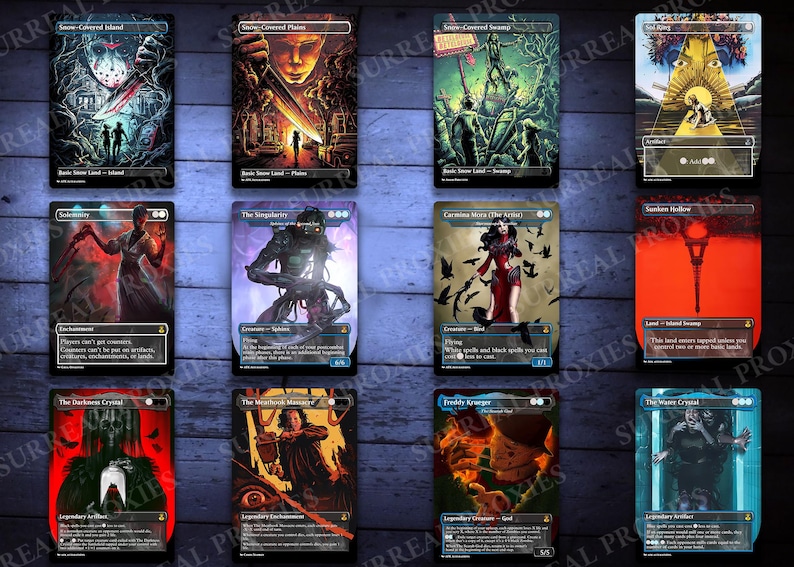 K&ouml;nnte beinhalten: Eine Sammlung von Fantasy-Art-Karten mit verschiedenen Illustrationen. Die Karten zeigen dunkle, gotische Themen mit Bildern von Kreaturen, Landschaften und Figuren. Jede Karte hat einzigartige Kunstwerke und Text.