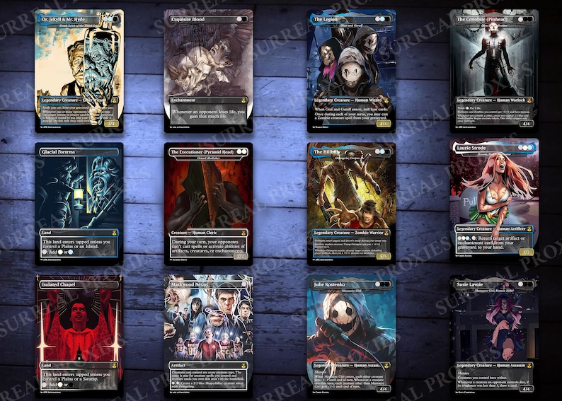 K&ouml;nnte beinhalten: Eine Sammlung von zw&ouml;lf Fantasy-Kunst-Sammelkarten. Jede Karte zeigt einzigartige Kunstwerke mit Titeln wie "Dr. Jekyll & Mr. Hyde", "Exsanguinate Blood" und "The Legend". Die Karten zeigen verschiedene Charaktere und Szenen mit detaillierten Illustrationen und Text.