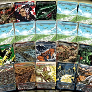 May include: A collection of nineteen trading cards featuring military-themed illustrations, including depictions of soldiers, aircraft, bridges, and tactical equipment. Each card displays unique artwork, text, and game symbols, arranged in a grid layout.