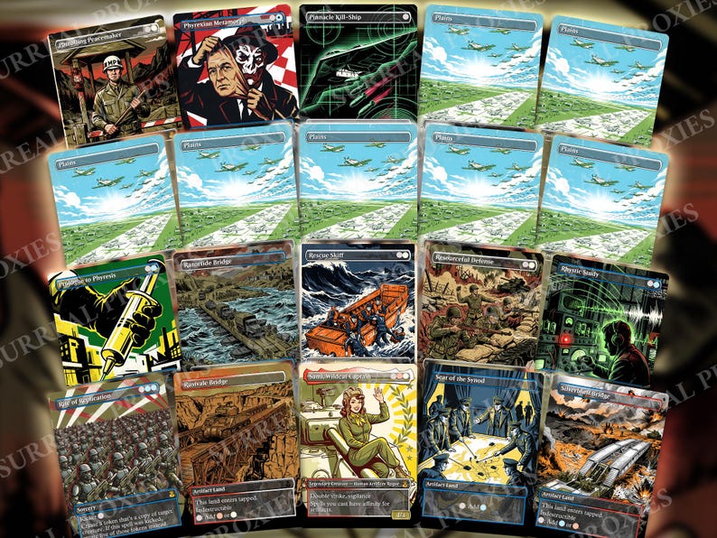 May include: A collection of nineteen trading cards featuring military-themed illustrations, including depictions of soldiers, aircraft, bridges, and tactical equipment. Each card displays unique artwork, text, and game symbols, arranged in a grid layout.