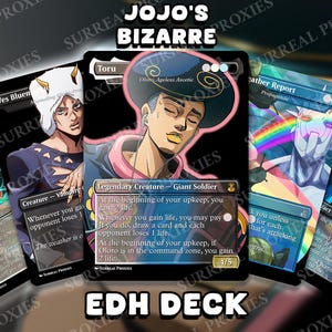 May include: A collection of custom trading cards featuring anime-style character illustrations with black borders and text. The central card displays a character named Toru with a dark hat and headphones, labeled as a Legendary Creature Giant Soldier.