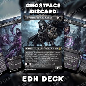 Könnte beinhalten: Eine Sammlung von benutzerdefinierten Magic: The Gathering-Karten mit Ghostface aus dem Scream-Franchise. Die Karten haben eine dunkle, gotische Ästhetik mit den Worten "GHOSTFACE DISCARD" und "EDH DECK" im Bild.