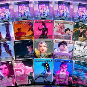 May include: A collection of fantasy trading cards featuring various characters and scenes. The cards display vibrant illustrations with text, including titles like "Swifthoot Boots," "Swords to Plowshares," and "Voice of Victory." The color palette includes pinks, blues, and purples.