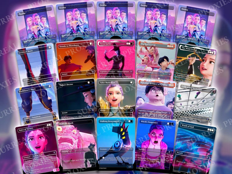 May include: A collection of fantasy trading cards featuring various characters and scenes. The cards display vibrant illustrations with text, including titles like "Swifthoot Boots," "Swords to Plowshares," and "Voice of Victory." The color palette includes pinks, blues, and purples.
