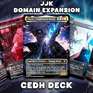 Op de afbeelding: Een verzameling aangepaste ruilkaartspelkaarten met illustraties in anime-stijl. De kaarten tonen de tekst "JJK DOMAIN EXPANSION" en "CEDH DECK". De centrale kaart toont een personage met blauwe energie-effecten.