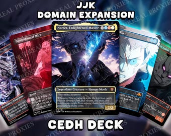 May include: A collection of custom trading card game cards featuring anime-style art. The cards include the text "JJK DOMAIN EXPANSION" and "CEDH DECK". The central card features a character with blue energy effects. Other cards show various characters and game elements.