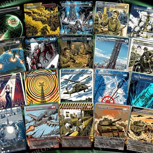 May include: A collection of twenty rectangular trading cards featuring diverse military and technological illustrations. Each card displays unique artwork, including tanks, aircraft, naval vessels, and soldiers, with text headers and game-related symbols.