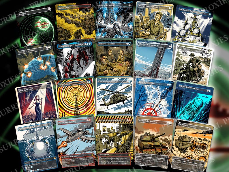 May include: A collection of twenty rectangular trading cards featuring diverse military and technological illustrations. Each card displays unique artwork, including tanks, aircraft, naval vessels, and soldiers, with text headers and game-related symbols.