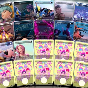 May include: A collection of illustrated trading cards featuring various fantasy art and anime-style characters. The cards have different designs, colors, and text, with some cards displaying the text "KPOP" and "SURREAL PROXIES".
