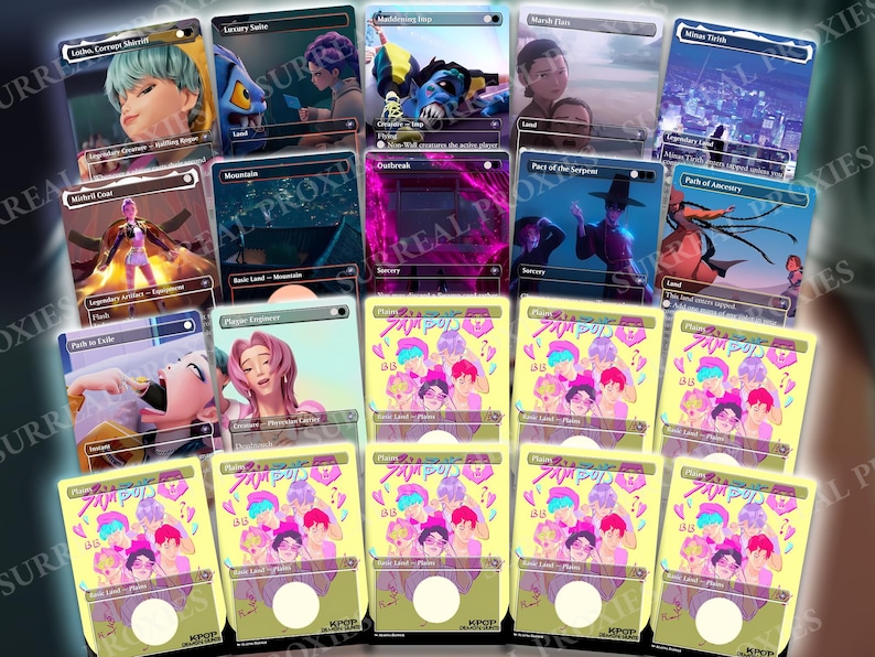 May include: A collection of illustrated trading cards featuring various fantasy art and anime-style characters. The cards have different designs, colors, and text, with some cards displaying the text "KPOP" and "SURREAL PROXIES".