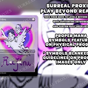 May include: A Sol Ring card with a whimsical illustration of two figures with angel wings, set against a heart-shaped background. The card features the text "Rajinu" and the words "SURREAL PROXIES PLAY BEYOND REALITY".