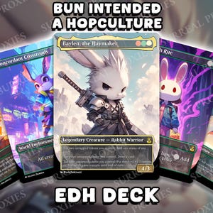 Puede incluir: Un conjunto de cartas personalizadas de Magic: The Gathering con ilustraciones temáticas de conejos. La carta central muestra un guerrero conejo con una espada. Otras cartas muestran varios personajes conejos en entornos de fantasía. El texto en las cartas dice "BUN INTENDED A HOPCULTURE EDH DECK."