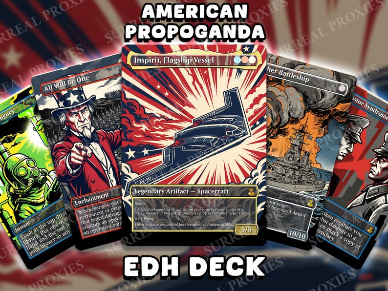 May include: A collection of trading cards featuring stylized illustrations, including a central card titled Inspirit, Flagship Vessel, depicting a dark aircraft against a red, white, and blue sunburst background with text reading Legendary Artifact - Spacecraft.