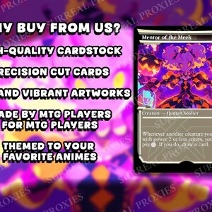 May include: A Magic: The Gathering card featuring the "Mentor of the Meek" character with vibrant artwork. The card has a black border and includes text about the card's abilities. The background is a mix of purple and pink.