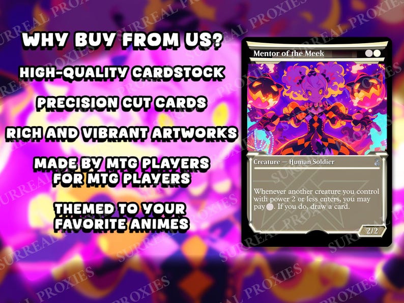 May include: A Magic: The Gathering card featuring the "Mentor of the Meek" character with vibrant artwork. The card has a black border and includes text about the card's abilities. The background is a mix of purple and pink.