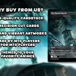 K&ouml;nnte beinhalten: Eine Magic: The Gathering-Karte mit dem Artwork "The Burial Marsh". Die Karte zeigt eine detaillierte Illustration eines Leuchtturms und einer Kreatur. Der Text auf der Karte enth&auml;lt "Land" und Spielanweisungen. Das Bild enth&auml;lt auch Text: "Warum bei uns kaufen?"