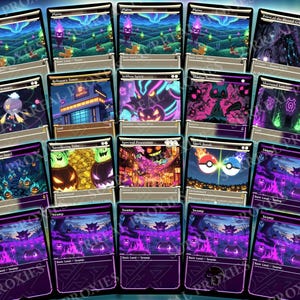 May include: A collection of fantasy-themed trading card game cards. The cards feature various illustrations with a Halloween theme, including landscapes, creatures, and spooky scenes. The color palette includes purple, green, and orange.