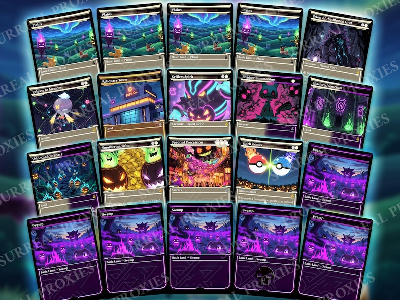 May include: A collection of fantasy-themed trading card game cards. The cards feature various illustrations with a Halloween theme, including landscapes, creatures, and spooky scenes. The color palette includes purple, green, and orange.