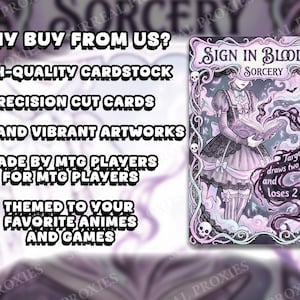 May include: A fantasy-themed card with a gothic illustration of a person reading a book, surrounded by skulls and bats. The card reads "Sign in Blood" and "Sorcery". The card's text reads "Target player draws two cards and loses 2 life."