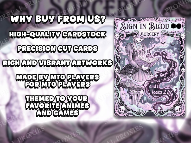 May include: A fantasy-themed card with a gothic illustration of a person reading a book, surrounded by skulls and bats. The card reads "Sign in Blood" and "Sorcery". The card's text reads "Target player draws two cards and loses 2 life."