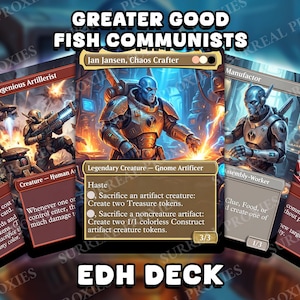 Puede incluir: Un conjunto de cartas coleccionables de fantasía con el texto "GREATER GOOD FISH COMMUNISTS" y "EDH DECK". Las cartas presentan ilustraciones de personajes y criaturas futuristas, con varias descripciones de texto.