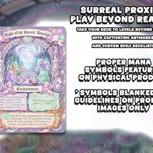 May include: A fantasy-themed card with the title "Night of the Sweets' Revenge." The card features a whimsical illustration of gingerbread people and other fantastical creatures. Text on the card describes the card's abilities. The image also contains text about the product.