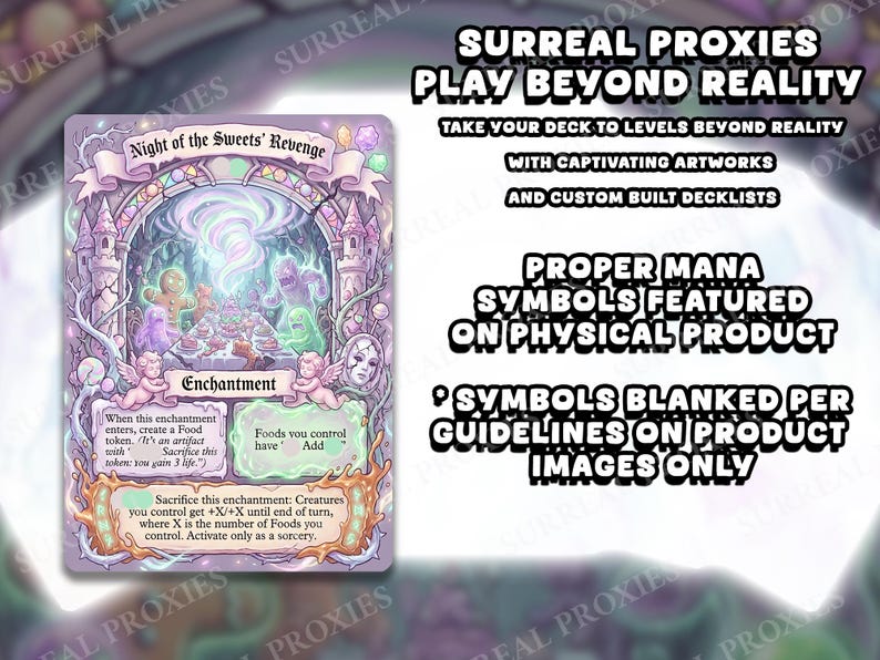 May include: A fantasy-themed card with the title "Night of the Sweets' Revenge." The card features a whimsical illustration of gingerbread people and other fantastical creatures. Text on the card describes the card's abilities. The image also contains text about the product.