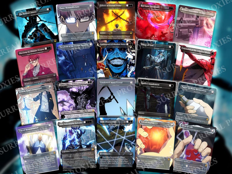 Puede incluir: Una colecci&oacute;n de cartas coleccionables de fantas&iacute;a con varias ilustraciones y texto. Las cartas presentan im&aacute;genes de personajes, criaturas y dise&ntilde;os abstractos en una variedad de colores, incluyendo azul, rojo y morado. Las cartas se muestran sobre un fondo azul.