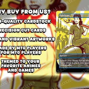 May include: A rectangular trading card featuring a stylized illustration of a person in a green jumpsuit sitting on a bomb, holding a wrench over their shoulder. The card text reads Fabricate, Sorcery, and includes game instructions.