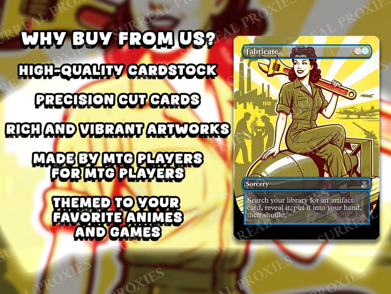 May include: A rectangular trading card featuring a stylized illustration of a person in a green jumpsuit sitting on a bomb, holding a wrench over their shoulder. The card text reads Fabricate, Sorcery, and includes game instructions.
