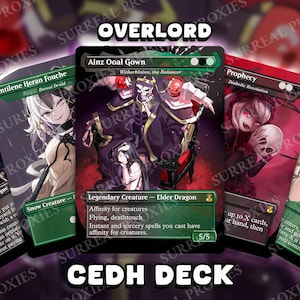 Op de afbeelding: Een verzameling van vijf aangepaste ruilkaarten met anime-stijl karakterillustraties. De centrale kaart toont Ainz Ooal Gown, een skeletachtige figuur in donkere gewaden, met tekst waaronder Legendary Creature, Elder Dragon en 5/5 kracht en weerstand.