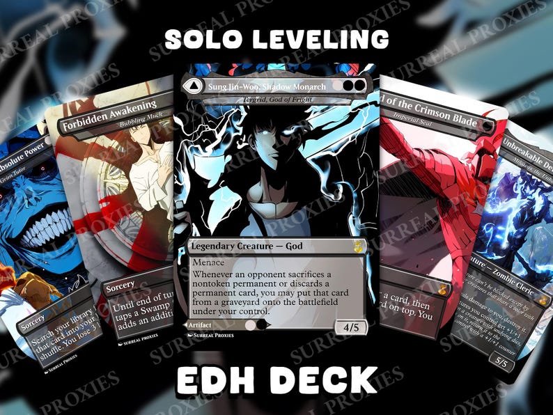 Puede incluir: Un conjunto de cartas personalizadas para un mazo EDH con ilustraciones de la serie "Solo Leveling". Las cartas muestran varios personajes y escenas, con texto que incluye "Solo Leveling" y "EDH Deck".