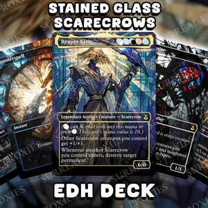 May include: Stained glass style EDH deck featuring Reaper King and other Scarecrow cards. The cards have a unique stained glass design with blue, gold, and black colors. The text "STAINED GLASS SCARECROWS" and "EDH DECK" are visible.