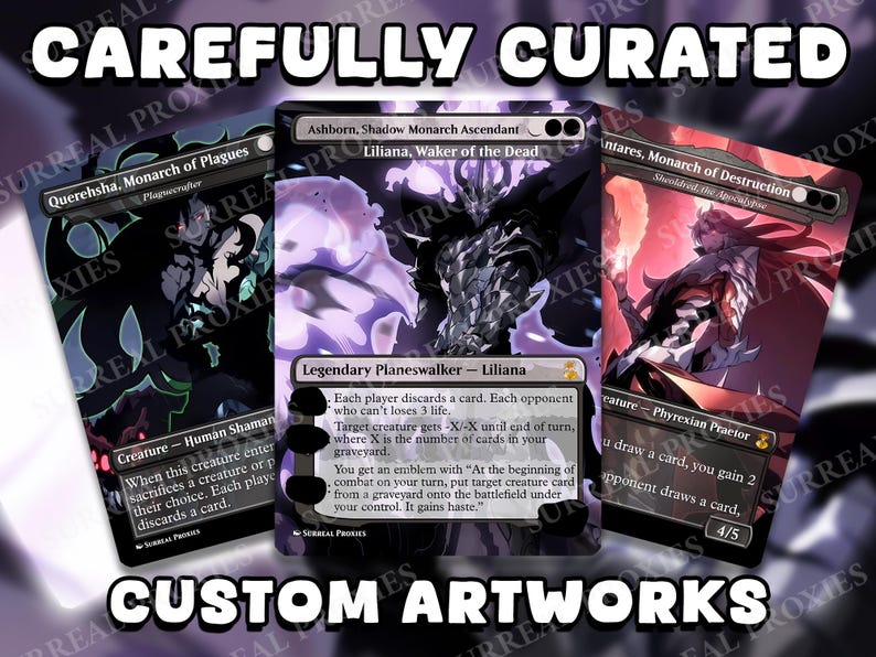 Puede incluir: Cartas personalizadas de Magic: The Gathering con ilustraciones detalladas de planeswalkers y criaturas. Las cartas incluyen texto como "Carefully Curated" y "Custom Artworks."