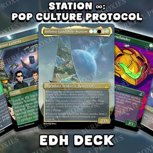 Könnte beinhalten: Eine Sammlung von individuellen Sammelkarten mit Popkultur-Referenzen. Die Karten zeigen verschiedene Designs, darunter ein Raumschiff, Roboter und Charaktere aus verschiedenen Franchises. Der Text "Infinite Guideline Station" ist auf einer Karte sichtbar. Die Worte "EDH DECK" sind ebenfalls vorhanden.