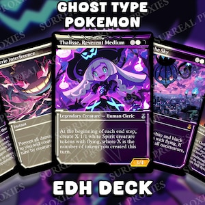 May include: A collection of custom trading cards featuring Ghost-type Pokémon characters. The cards have a purple and black color scheme with various illustrations and text. The text includes "Ghost Type Pokemon" and "EDH Deck".