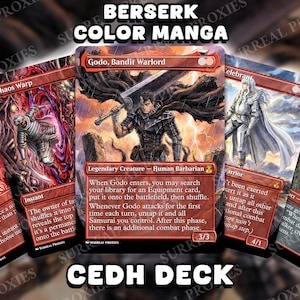 May include: A set of red illustrated trading cards with the text "BERSERK COLOR MANGA" and "CEDH DECK". The cards display fantasy art and text descriptions, including "Godo, Bandit Warlord".