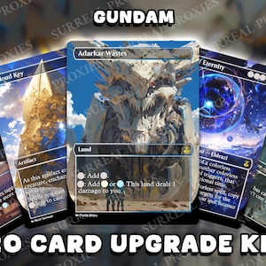May include: A collection of 20 card upgrade kit featuring Gundam-themed artwork. The cards display various illustrations, including landscapes and characters, with text overlays. The cards are arranged in a fan-out display.