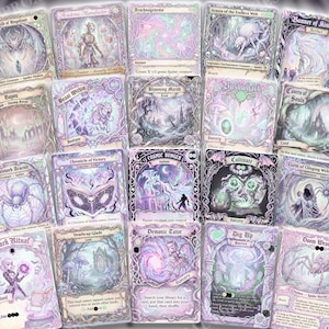 May include: A collection of fantasy-themed trading cards with intricate illustrations in shades of purple, gray, and white. Each card features unique artwork, text, and borders, creating a mystical and enchanting aesthetic. The cards are arranged in a visually appealing display.