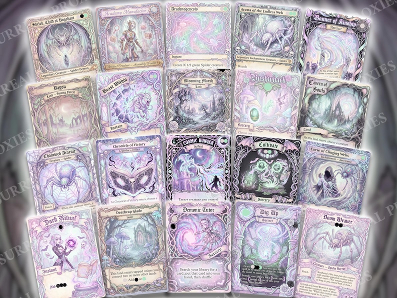 May include: A collection of fantasy-themed trading cards with intricate illustrations in shades of purple, gray, and white. Each card features unique artwork, text, and borders, creating a mystical and enchanting aesthetic. The cards are arranged in a visually appealing display.