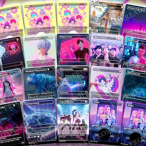 May include: A collection of fantasy trading cards with various illustrations. The cards feature images of people, creatures, and abstract designs in vibrant colors. Some cards have text, including the words "ZAMP," "SURREAL PROXIES," and card names.