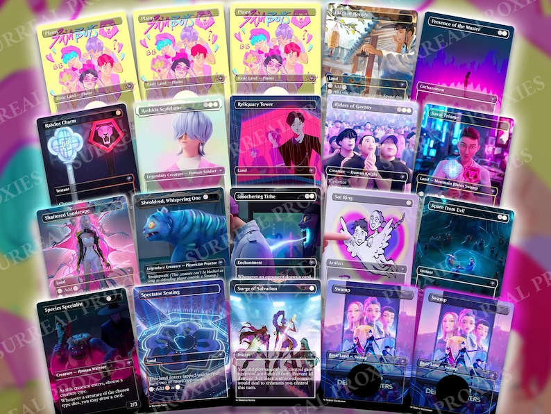 May include: A collection of fantasy trading cards with various illustrations. The cards feature images of people, creatures, and abstract designs in vibrant colors. Some cards have text, including the words "ZAMP," "SURREAL PROXIES," and card names.