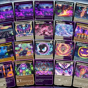May include: A collection of fantasy trading cards with various illustrations. The cards feature vibrant colors, including purple, orange, and blue, with detailed artwork depicting creatures, landscapes, and magical elements. The cards are arranged on a dark background.