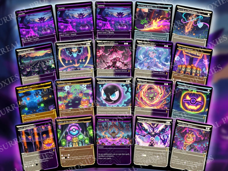 May include: A collection of fantasy trading cards with various illustrations. The cards feature vibrant colors, including purple, orange, and blue, with detailed artwork depicting creatures, landscapes, and magical elements. The cards are arranged on a dark background.