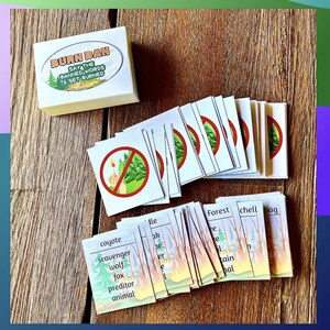 Juego familiar Burn Ban, noche de juegos, tabú, juego de palabras, adivina la palabra, juego de pistas, juego de pistas de palabras, noche de juegos familiares, juego del bosque de Pisgah, cartas